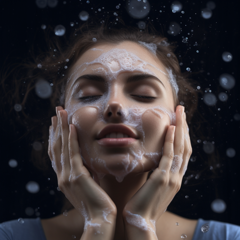 A young woman washing her face with cleanser from BeautySmart Skin Care